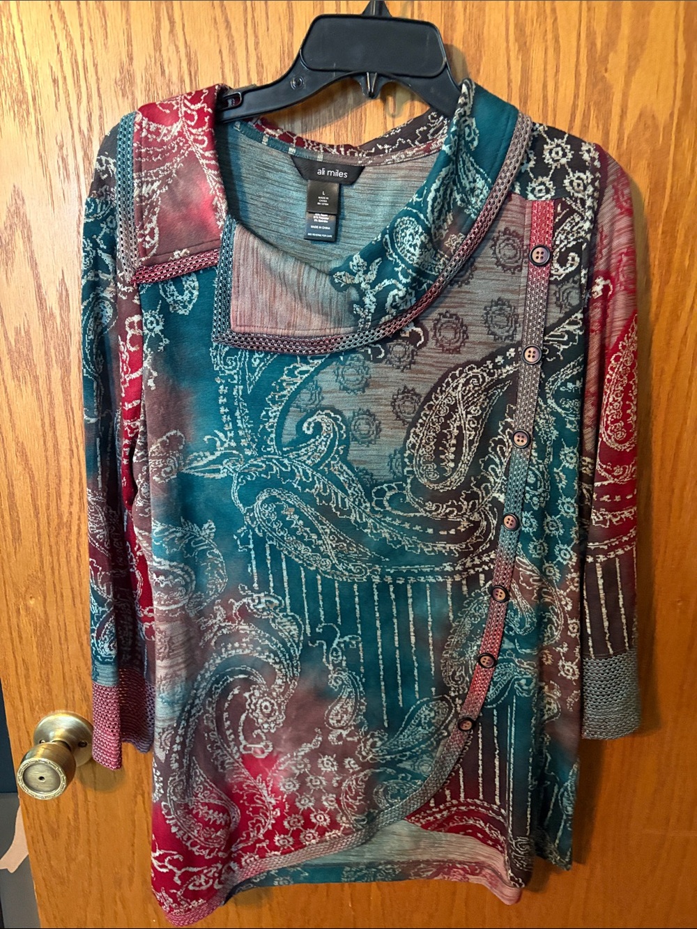 Ali Miles Teal and Burgundy Paisley Button-Accent Long Sleeve Top